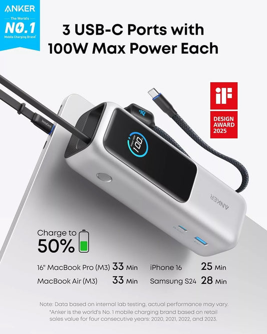 Anker External Battery, 25000mAh, 165W, QC + PD, 1 x USB-A - 3 x USB-C, Silver A1695H41