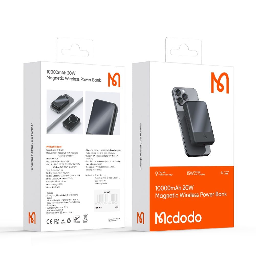 McDodo MC-4261 Ambilight Wireless External Battery, 10000mAh, 20W, PD + FQI, 1 x QI - 1 x USB-C, Black