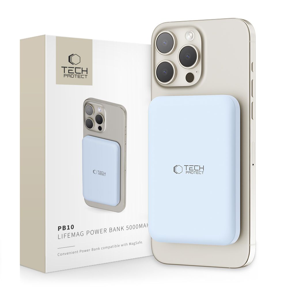 External Wireless Battery Tech-Protect PB10 LifeMag, 5000mAh, 15W, PD + FQI, 1 x QI - 1 x USB-C, Blue