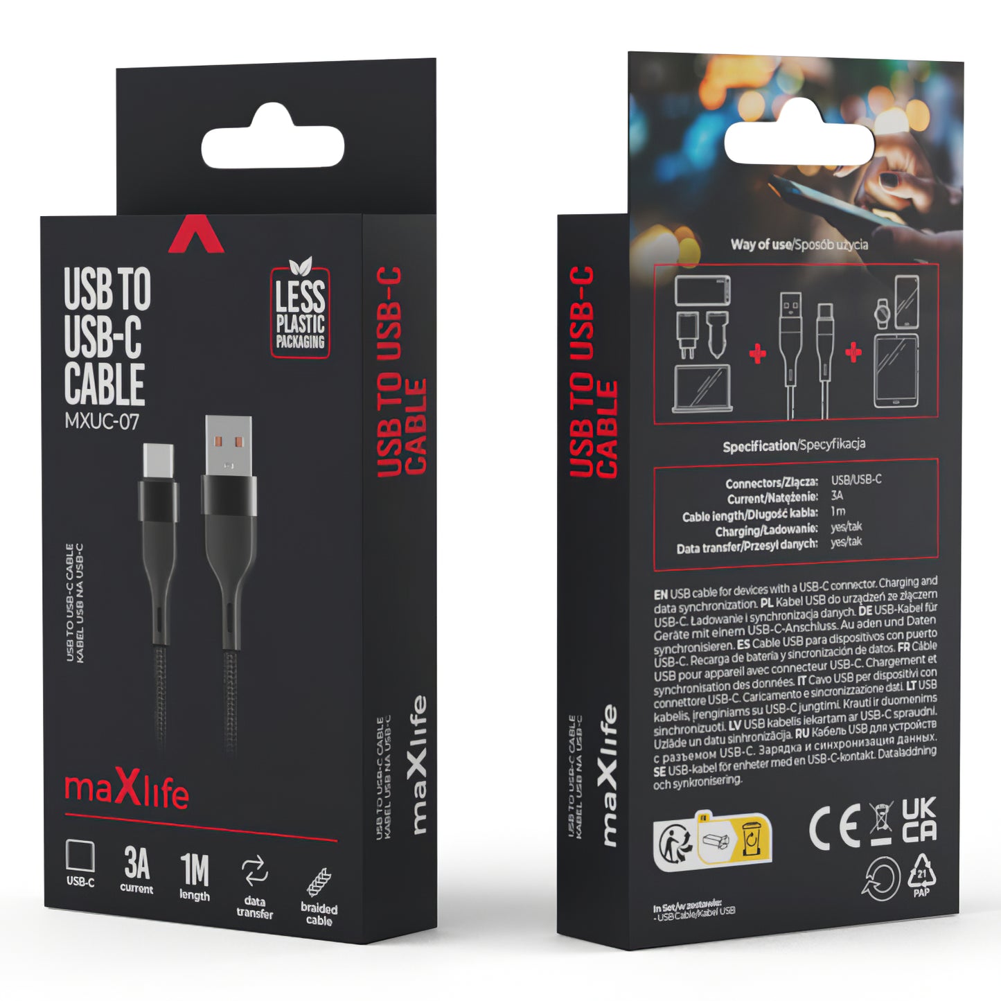 USB-A to USB-C MaXlife MXUC-07, 20W, 1m, Black