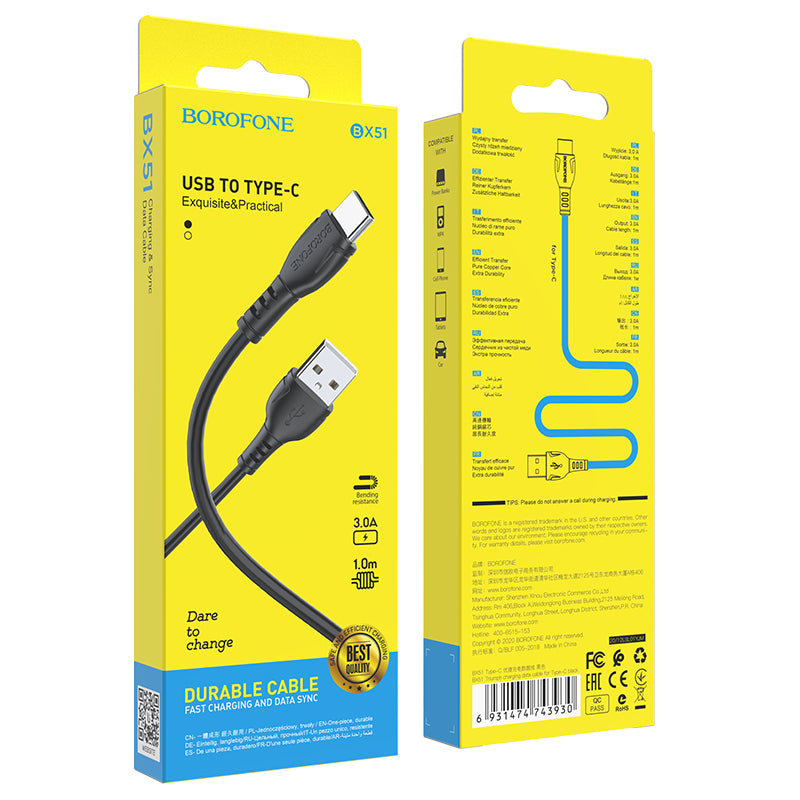 USB-A to USB-C Data and Charging Cable Borofone BX51 Triumph, 20W, 1m, Black