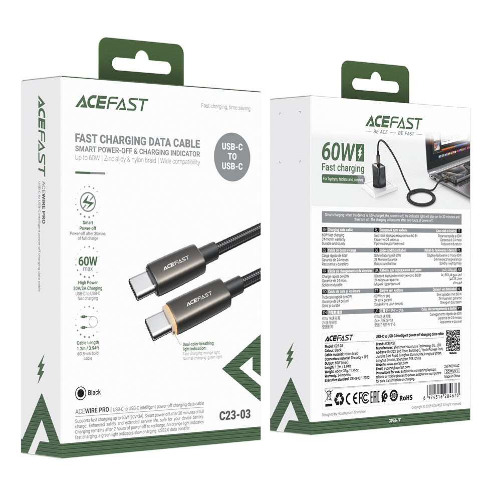 USB-C Data and Charging Cable - USB-C Acefast C23-03, 60W, 1.2m, Black