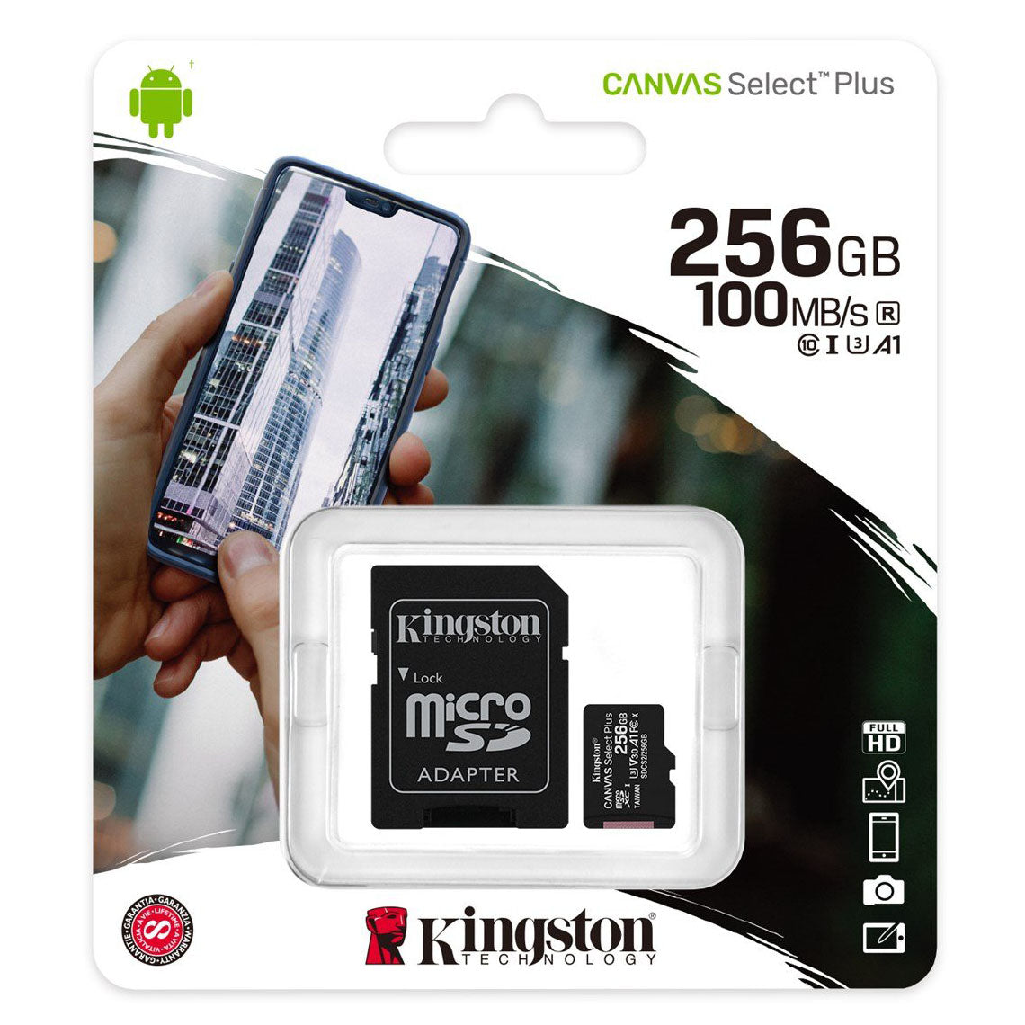 Kingston Canvas Select Plus Android A1 microSDXC Memory Card, 256GB, Class 10 / UHS-1 U3, With Adapter SDCS2/256GB