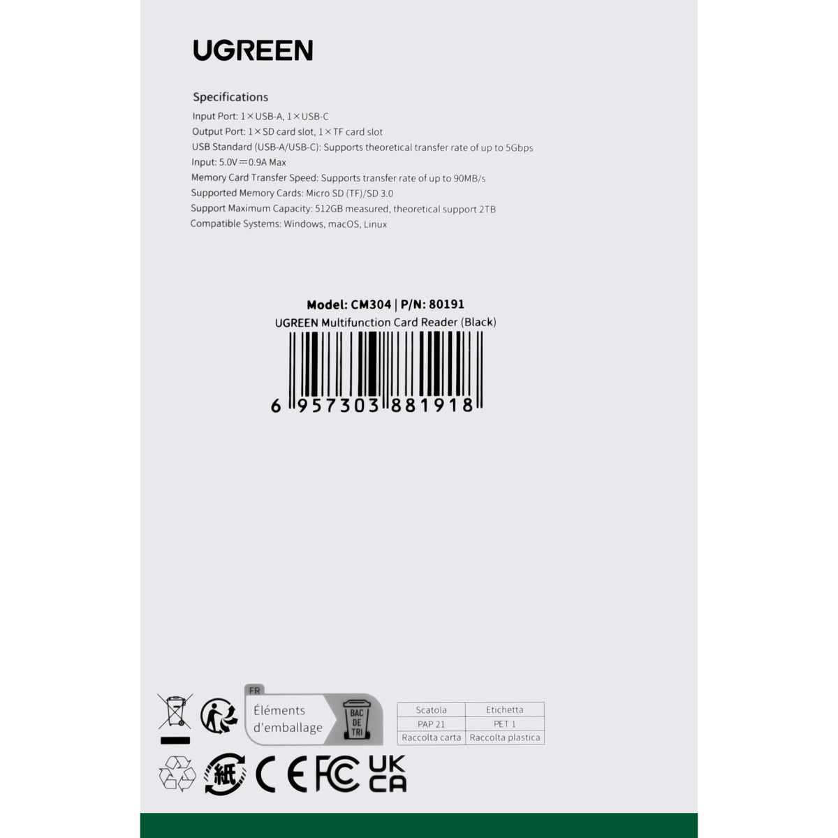 USB / USB-C Card Reader UGREEN CM304, SD - microSD, Black