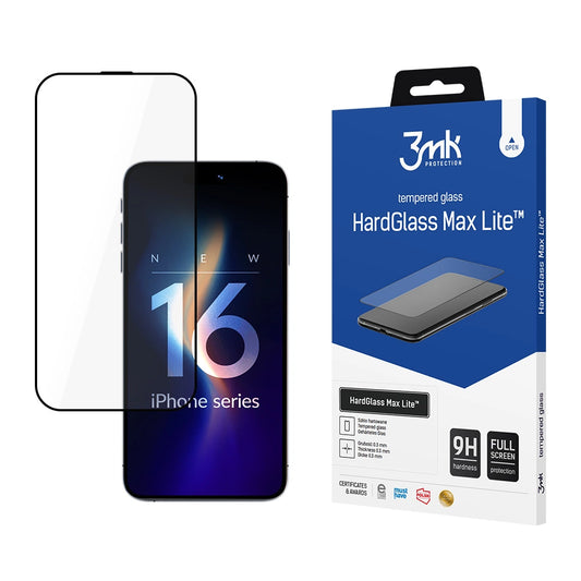 3MK HardGlass Max Lite Screen Protector for Apple iPhone 17 / 16 Pro, Tempered Glass, Full Glue, Black