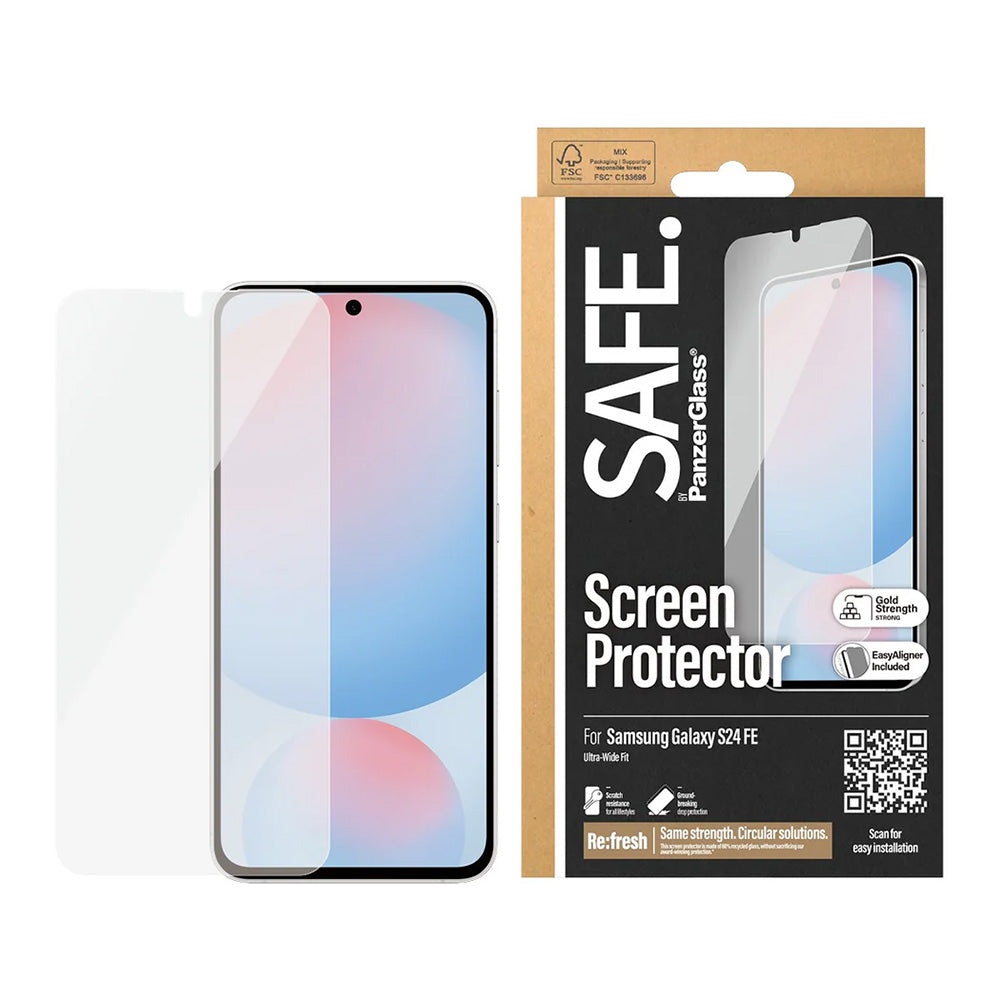 PanzerGlass Safe Screen Protector. Ultra-Wide Fit EasyAligner for Samsung Galaxy S24 FE S721, Tempered Glass, Full Glue