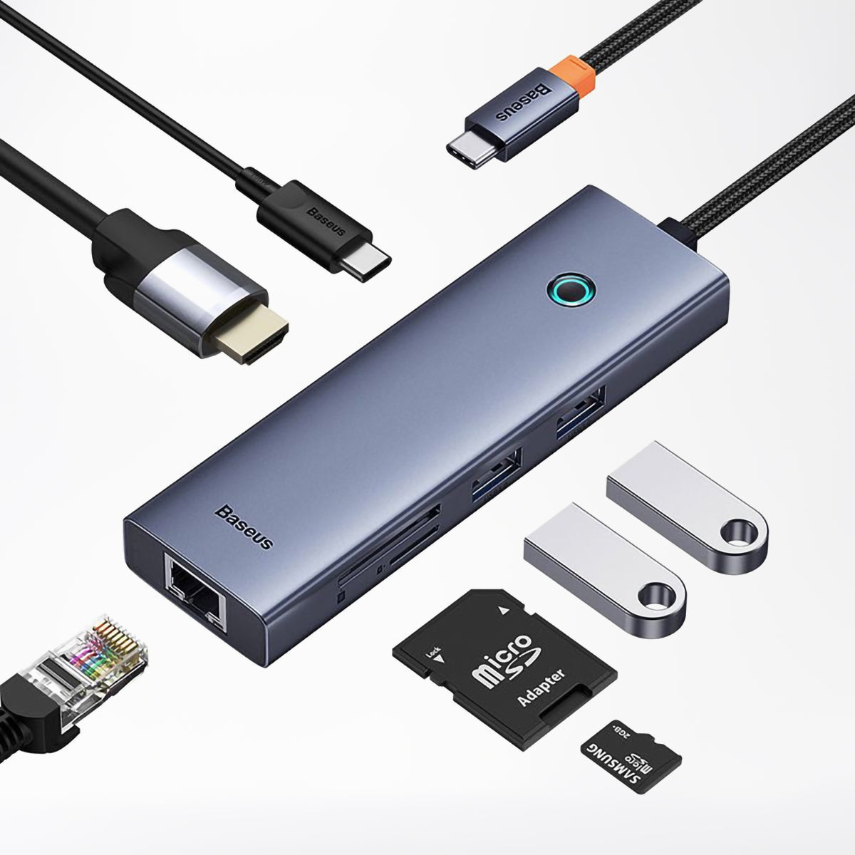 Baseus UltraJoy USB-C Hub, 2 x USB-A 3.0 - 1 x USB-C - 1 x HDMI - 1 x RJ45 - 1 x SD - 1 x microSD, Gray B00052805813-00