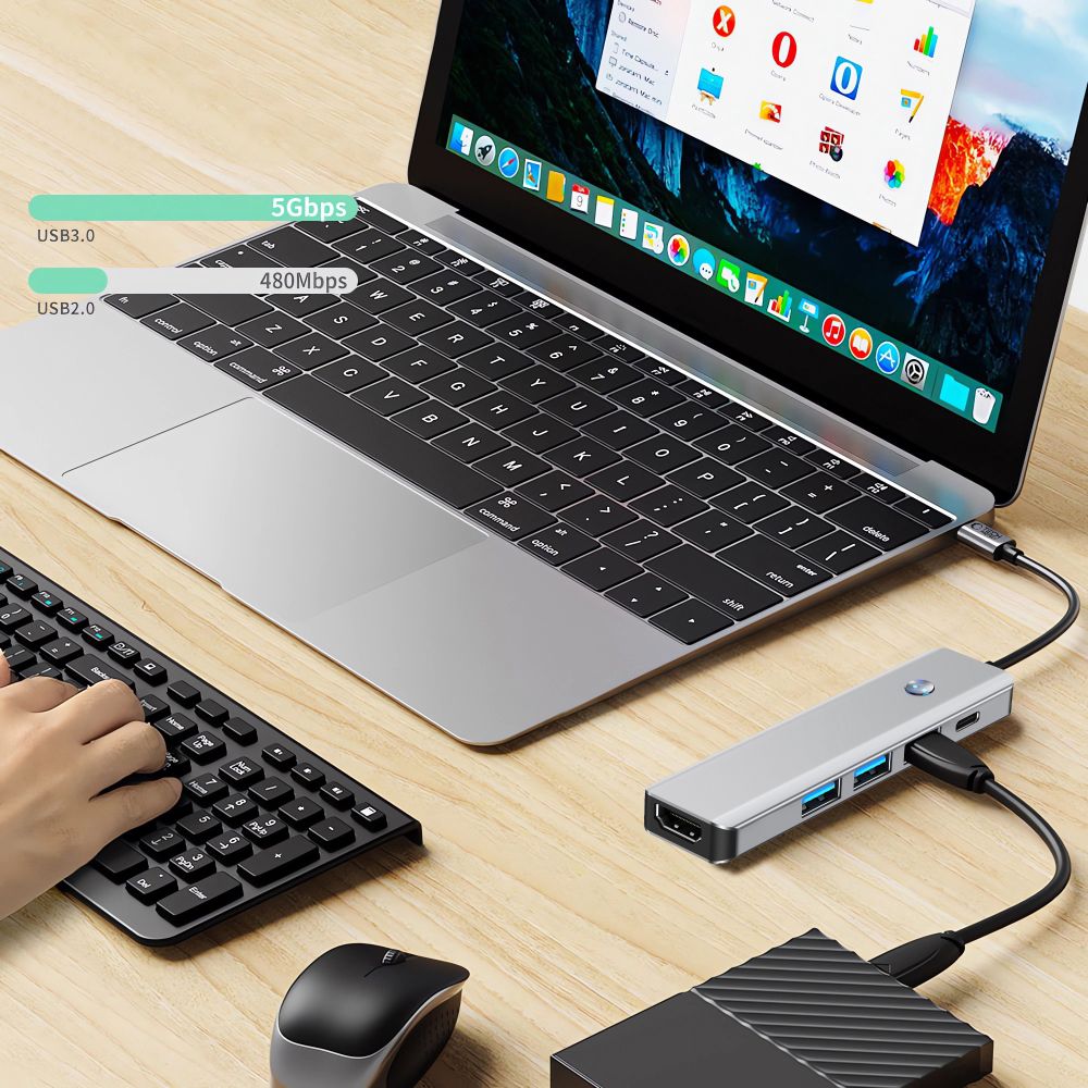Tech-Protect HB01 USB-C Hub, 1 x USB-A 3.0 - 2 x USB-A - 1 x USB-C - 1 x HDMI, Gray