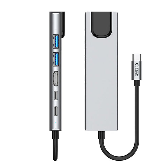 Tech-Protect HB02 USB-C Hub, 1 x USB-A 3.0 - 1 x USB-A - 2 x USB-C - 1 x HDMI - 1 x RJ45, Gray