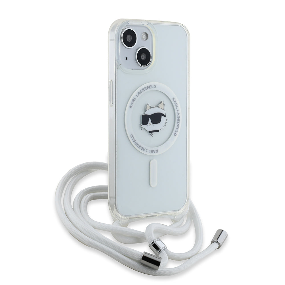 MagSafe Case for Apple iPhone 14, Karl Lagerfeld, IML Crossbody Choupette's Head with Strap, Transparent