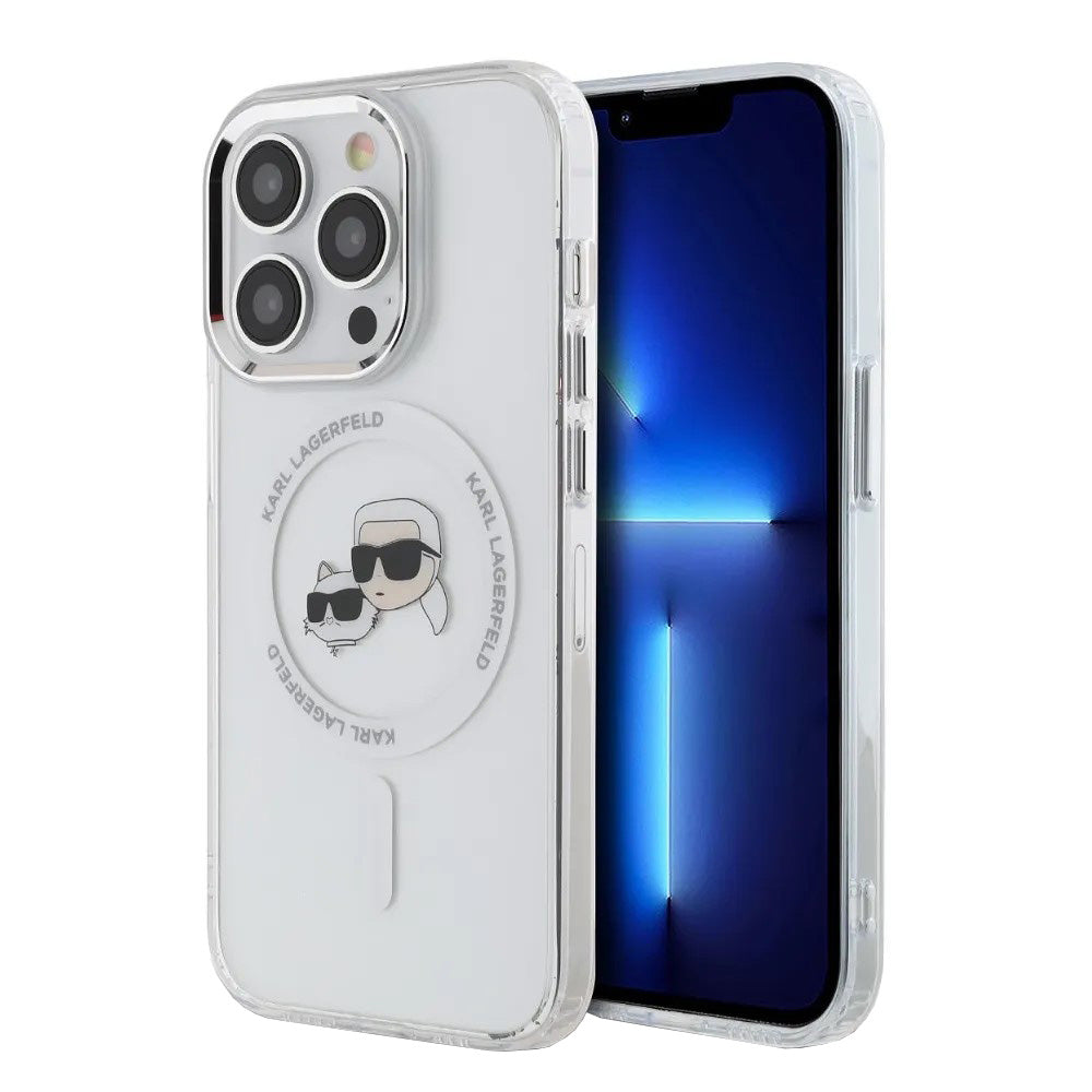 MagSafe Case for Apple iPhone 14 Pro, Karl Lagerfeld, IML Metal Karl & Choupette's Heads, White