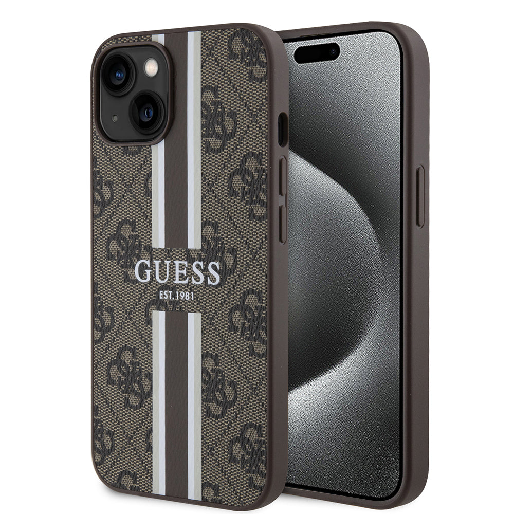 MagSafe Case for Apple iPhone 15, Guess, 4G Printed Stripes, Brown