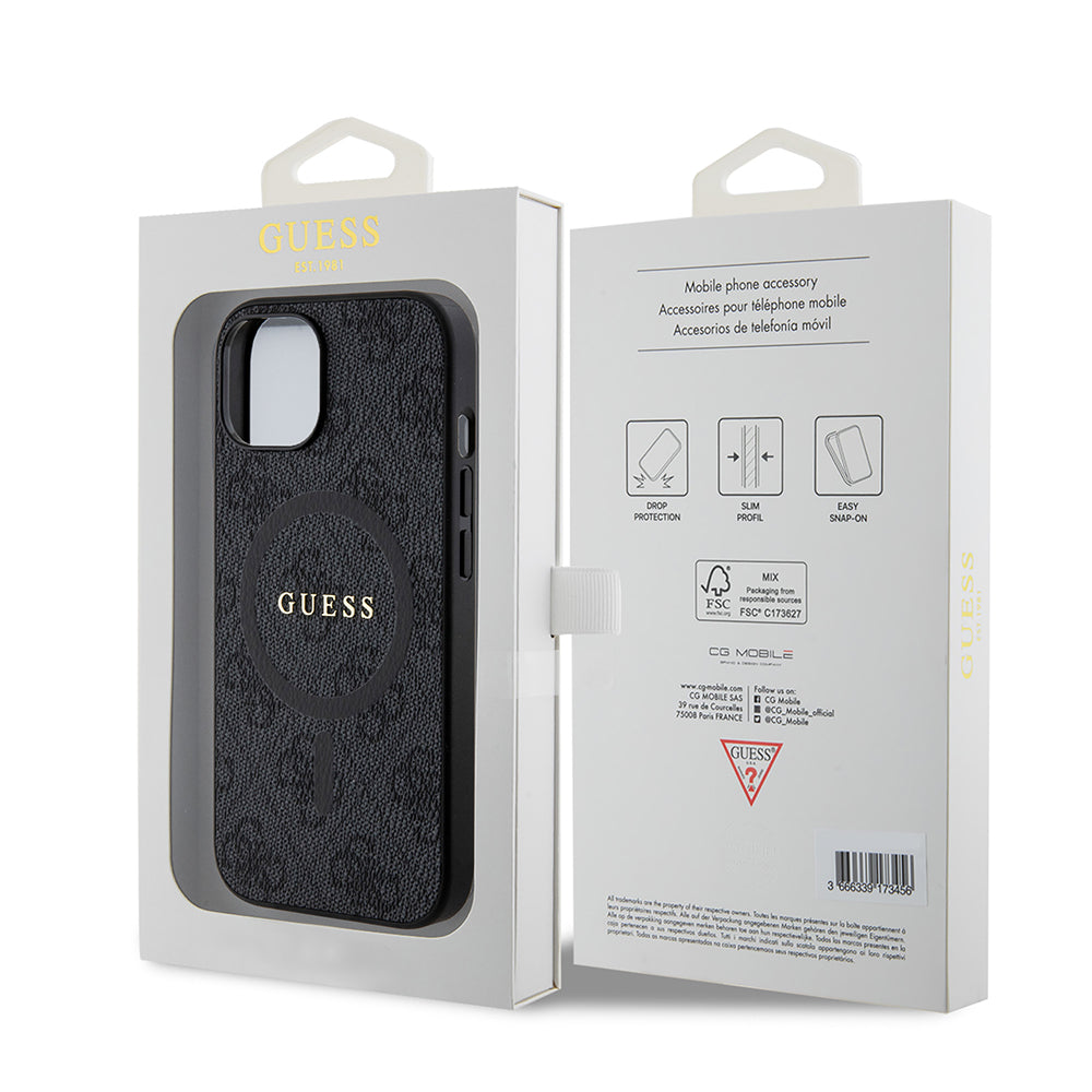 MagSafe Case for Apple iPhone 15, Guess, 4G Ring Classic Logo, Black
