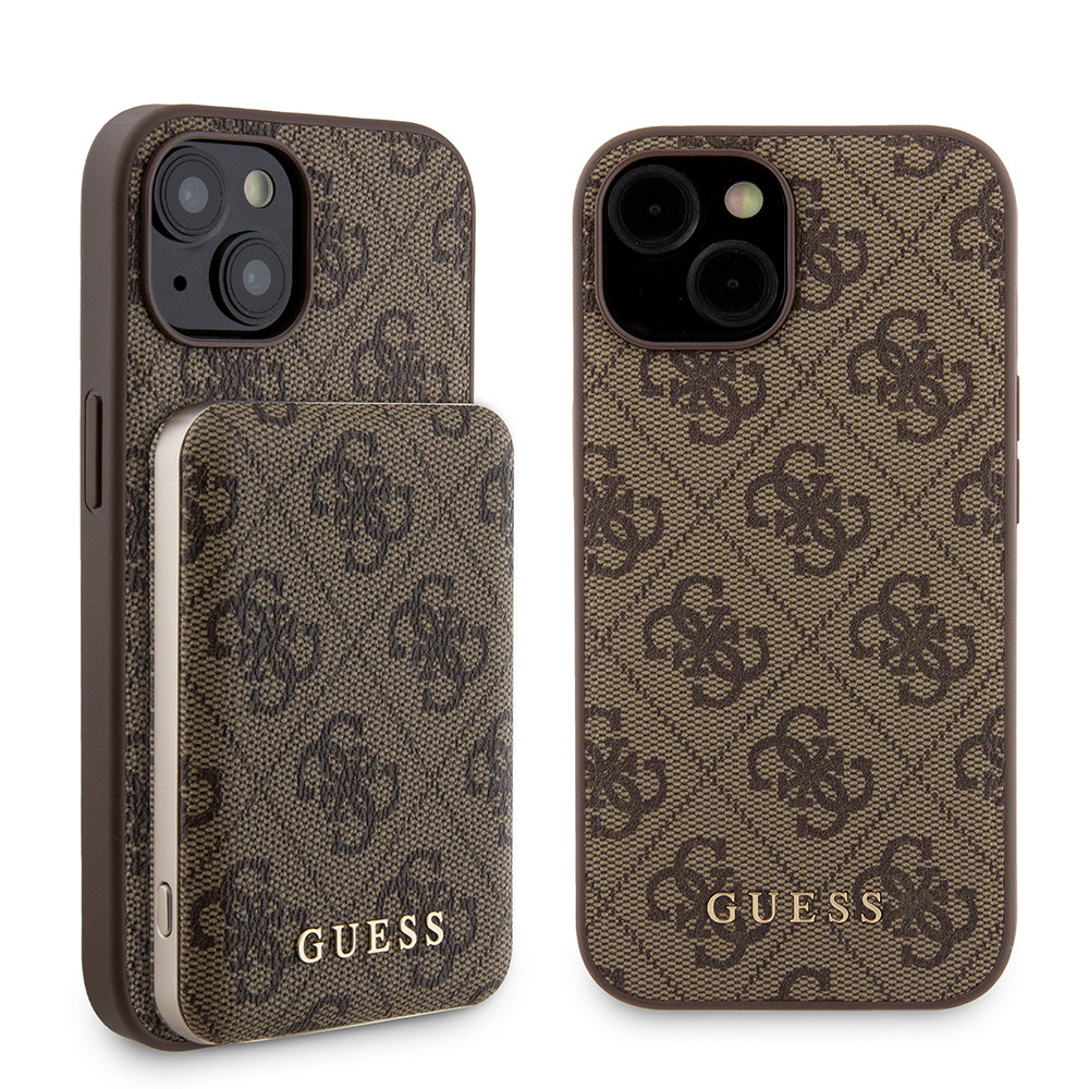 MagSafe Case for Apple iPhone 15, Guess, Powerbank 4G Metal Logo, Brown