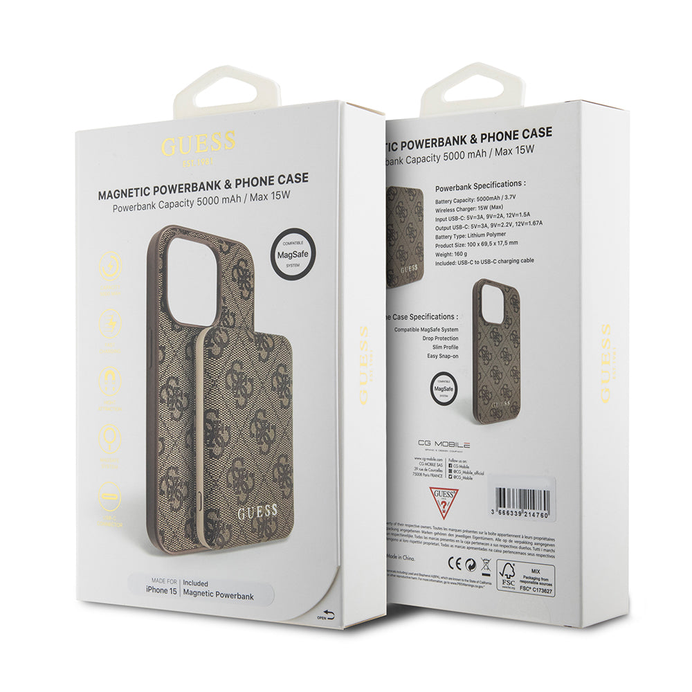 MagSafe Case for Apple iPhone 15, Guess, Powerbank 4G Metal Logo, Brown