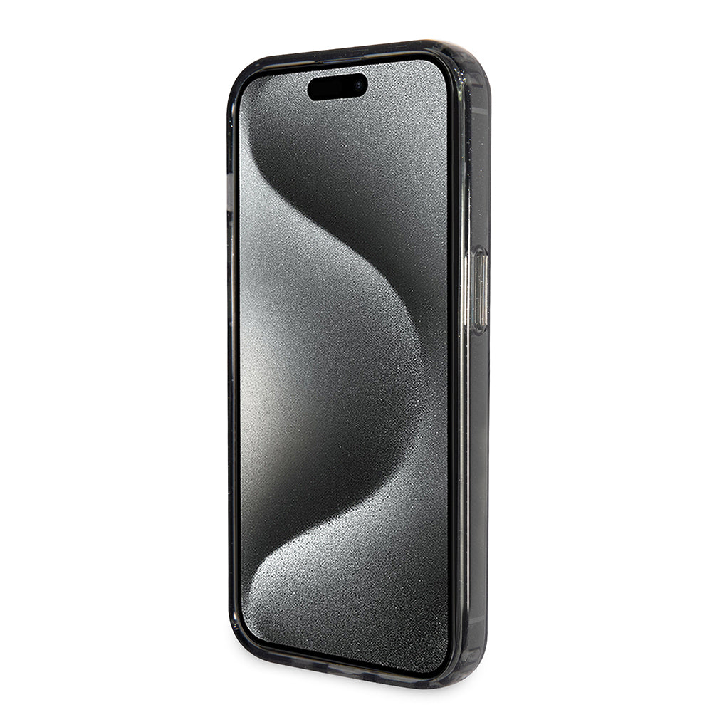 MagSafe Case for Apple iPhone 15, Guess, Ring Stand Script Glitter, Black