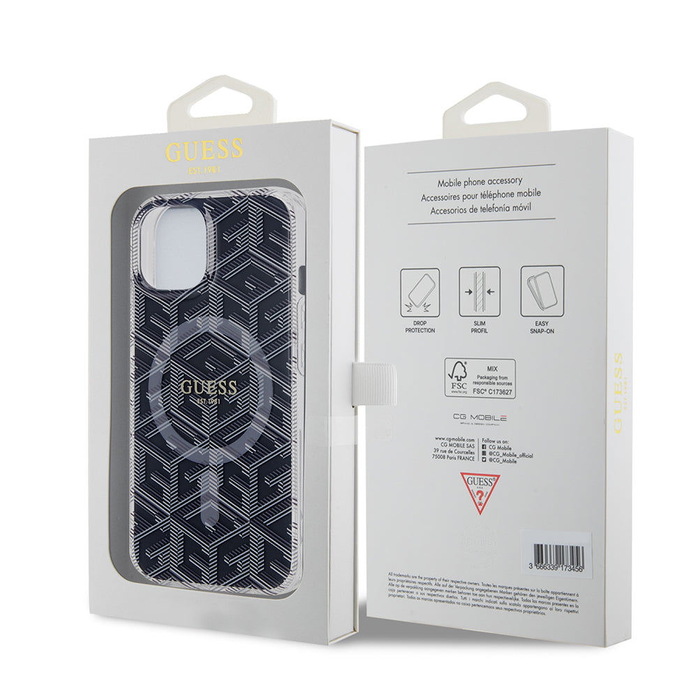 MagSafe Case for Apple iPhone 15 Plus, Guess, IML Gcube, Black