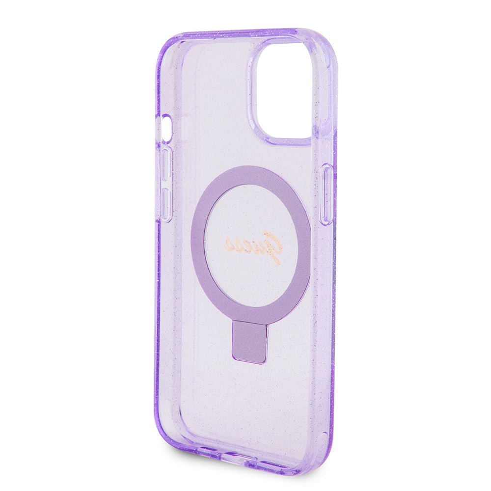 MagSafe Case for Apple iPhone 15 Plus, Guess, Ring Stand Script Glitter, Purple