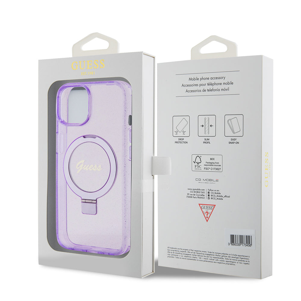 MagSafe Case for Apple iPhone 15 Plus, Guess, Ring Stand Script Glitter, Purple