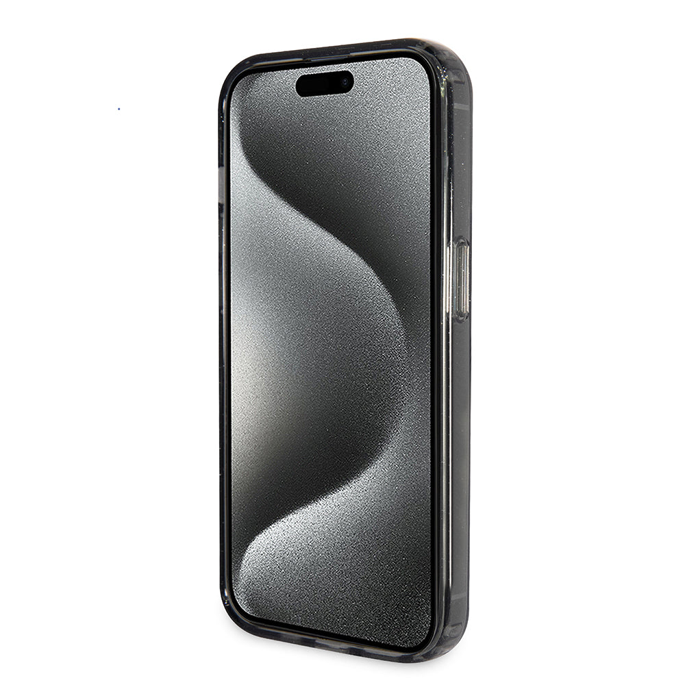 MagSafe Case for Apple iPhone 15 Plus, Guess, Ring Stand Script Glitter, Black