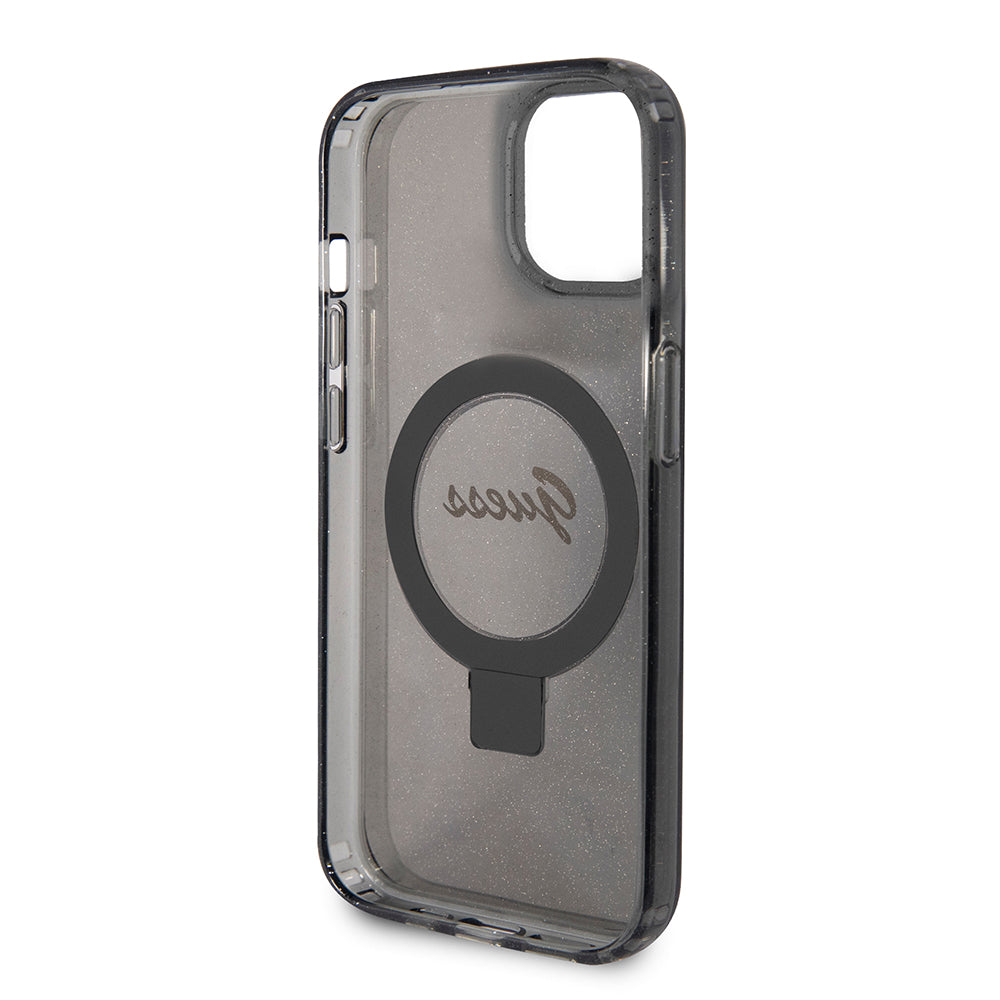 MagSafe Case for Apple iPhone 15 Plus, Guess, Ring Stand Script Glitter, Black