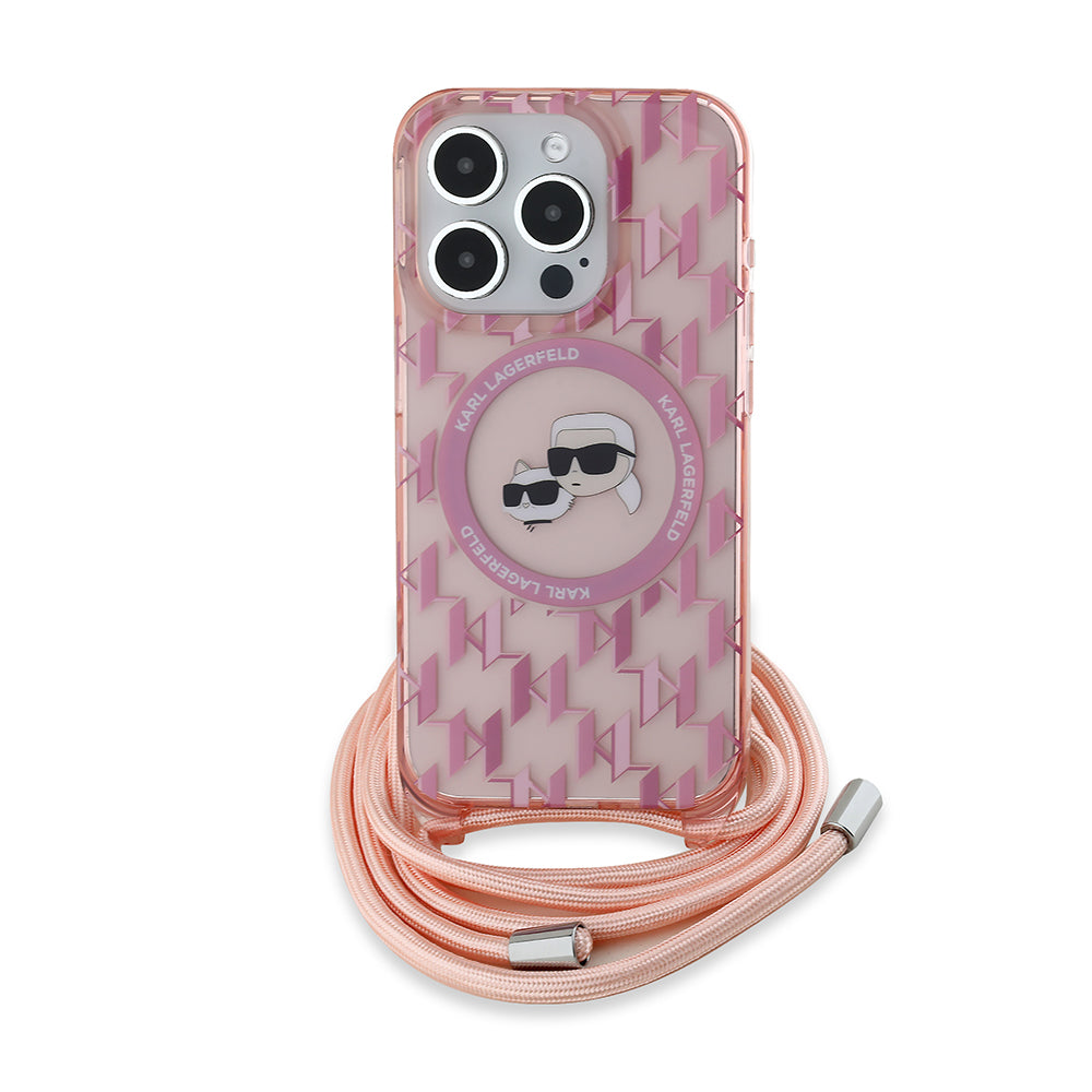 MagSafe Case for Apple iPhone 15 Pro, Karl Lagerfeld, IML Crossbody Monogram Karl & Choupette's Heads, Pink