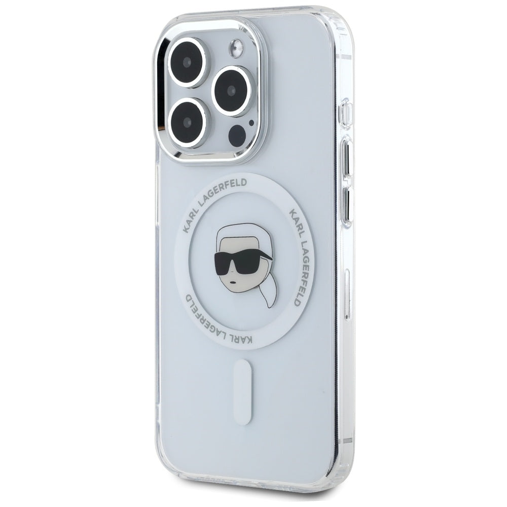 MagSafe Case for Apple iPhone 15 Pro Max, Karl Lagerfeld, IML Metal Karl's Head, White