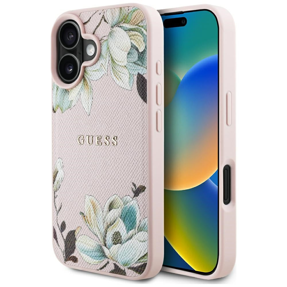 MagSafe Case for Apple iPhone 16, Guess, Grained Flowers, Pink