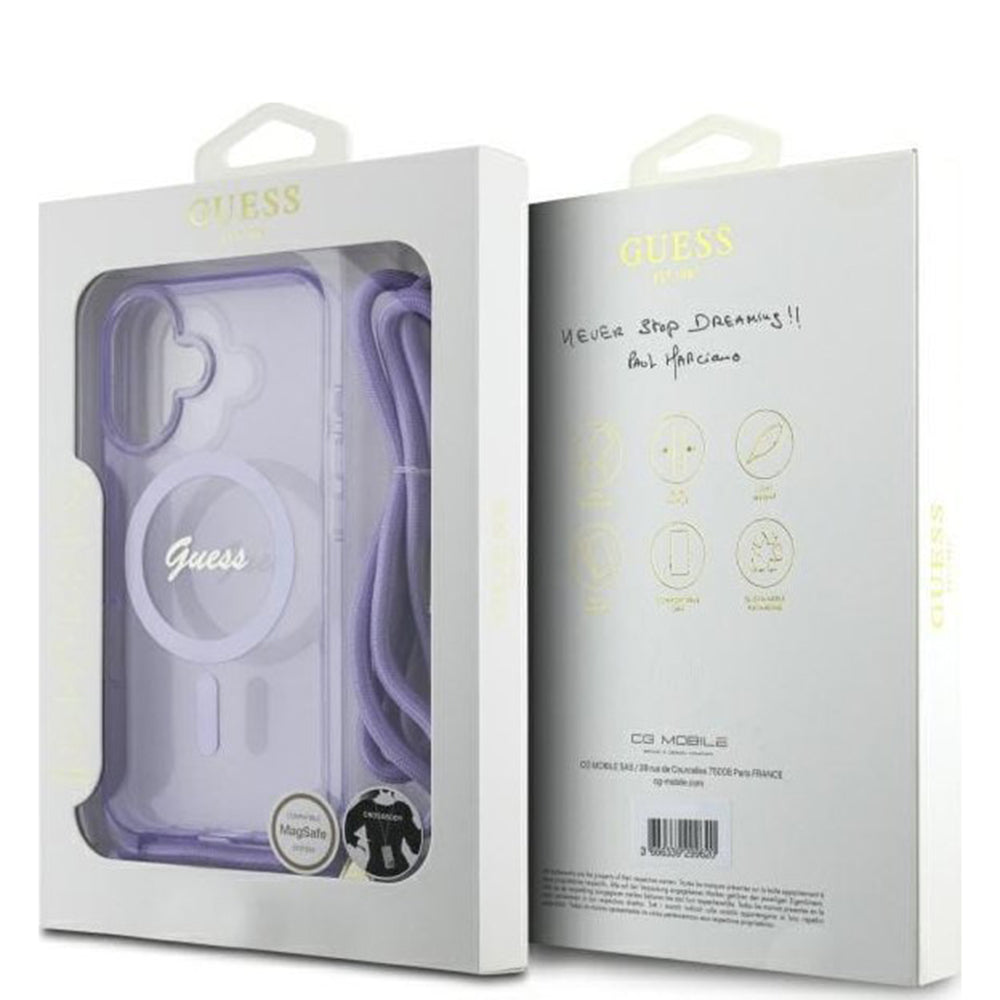 MagSafe Case for Apple iPhone 16, Guess, IML Crossbody Cord Script, Purple
