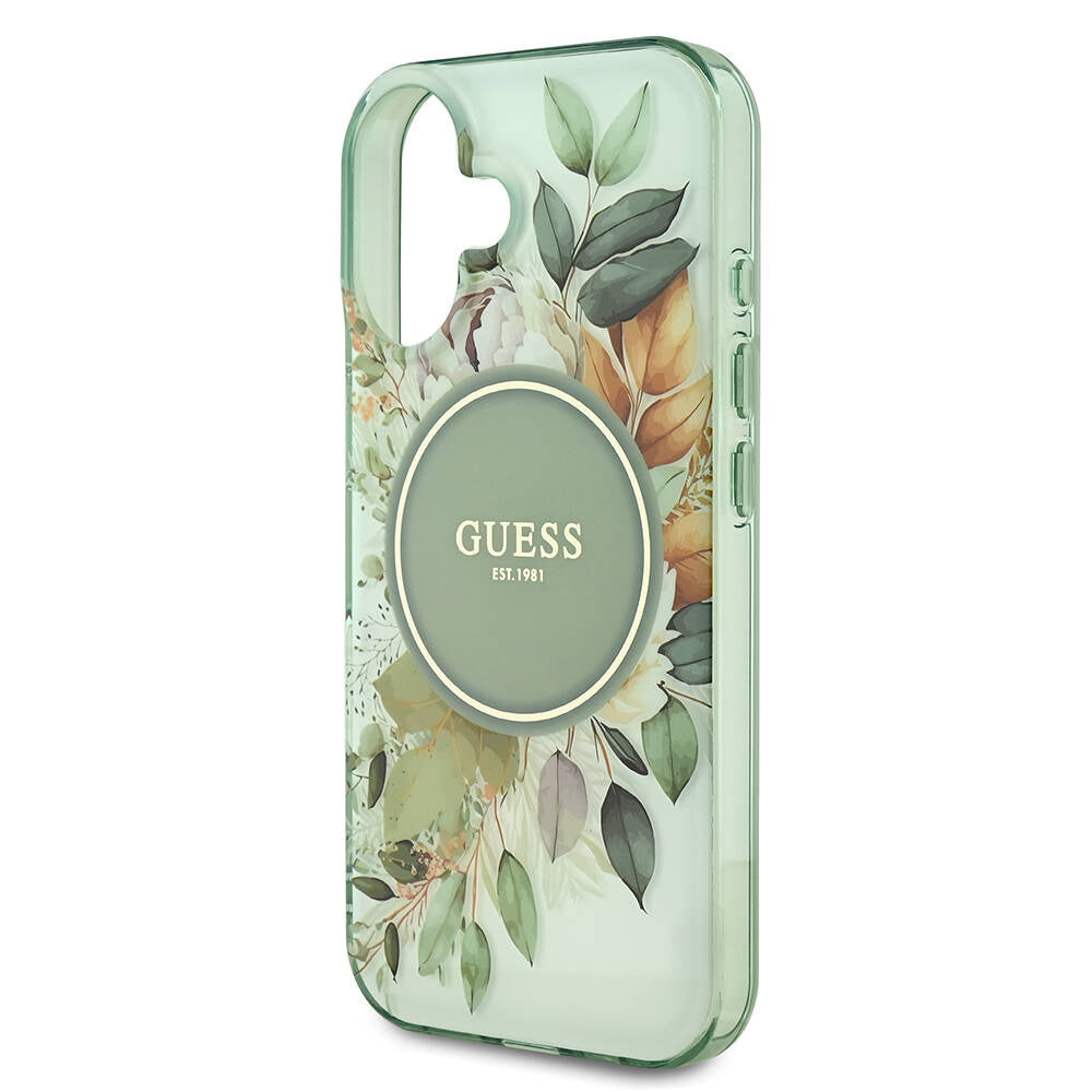 MagSafe Case for Apple iPhone 16, Guess, IML Flower & Tonal Circle, Green