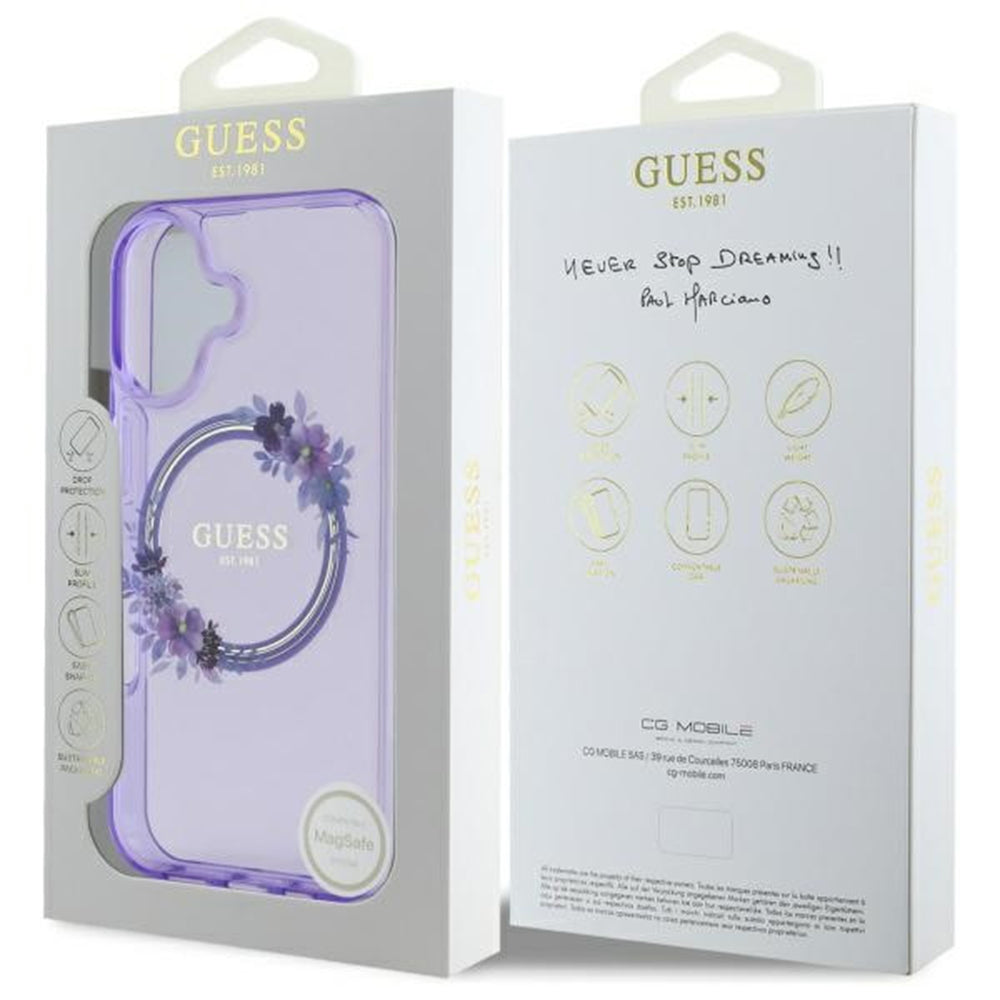 MagSafe Case for Apple iPhone 16, Guess, IML Flowers Wreath, Pink