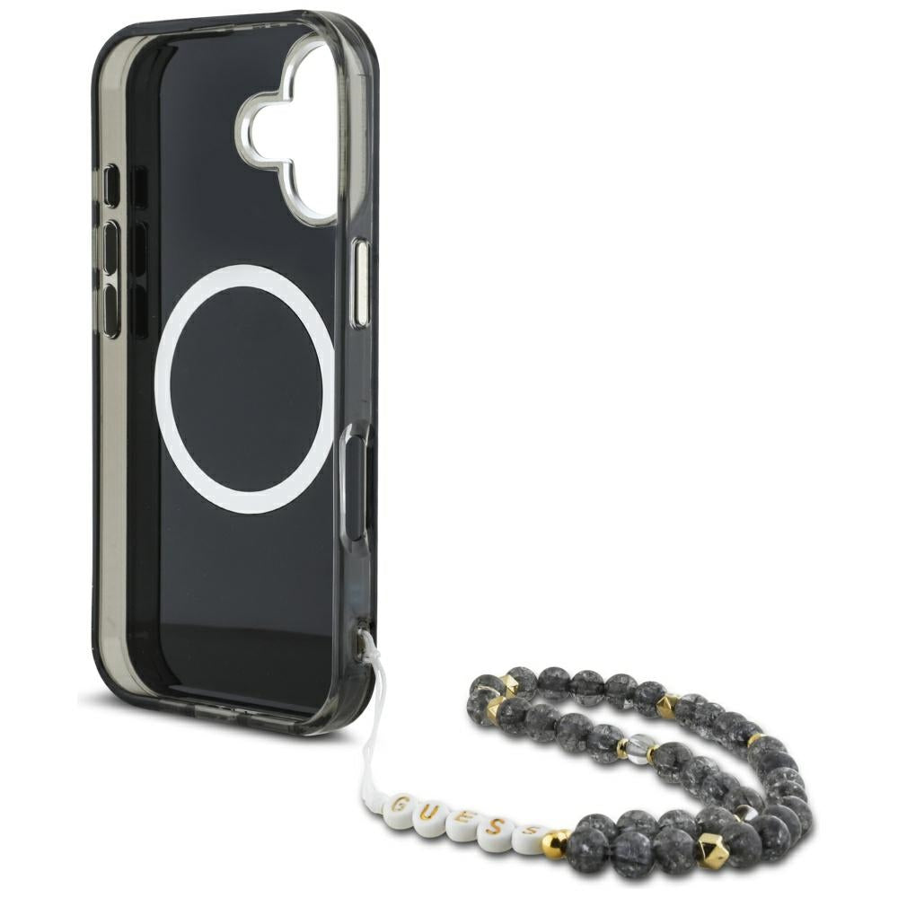 MagSafe Case for Apple iPhone 16, Guess, IML Palm Trees Triangle with Pearl Strap, Black