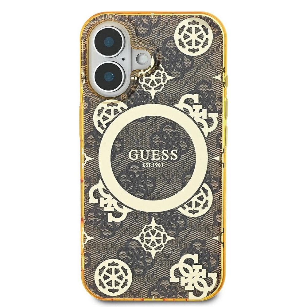 MagSafe Case for Apple iPhone 16, Guess, IML Peony On 4G Background, Brown