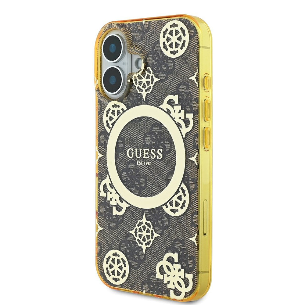 MagSafe Case for Apple iPhone 16, Guess, IML Peony On 4G Background, Brown