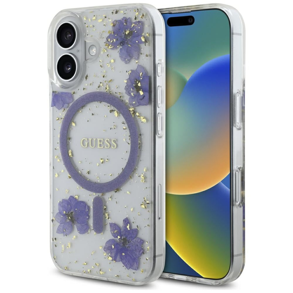 MagSafe Case for Apple iPhone 16, Guess, Resin Flowers and Glitter, Purple