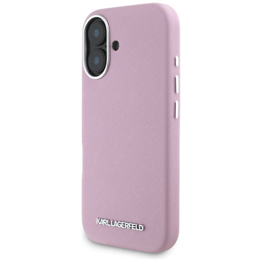 MagSafe Case for Apple iPhone 16, Karl Lagerfeld, Saffiano Full Wrapped Elongated Metal Logo, Pink