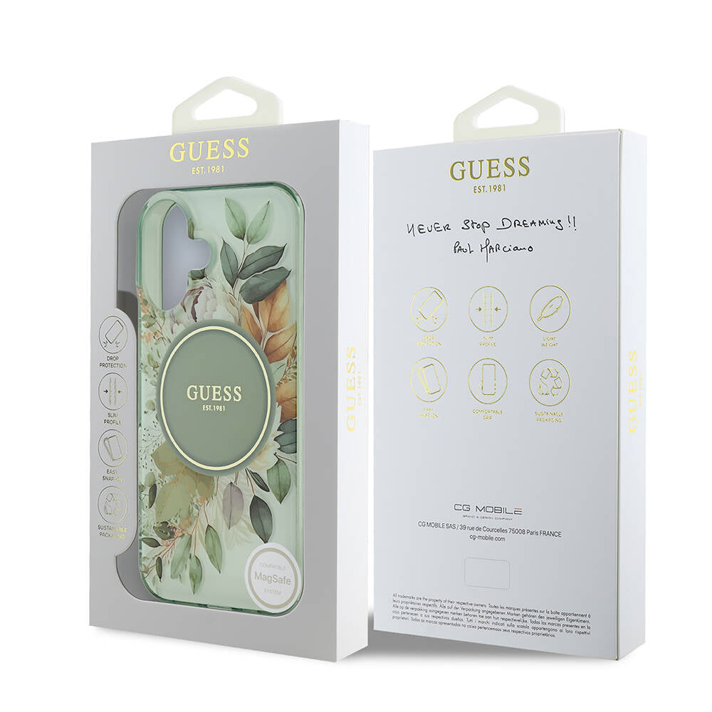 MagSafe Case for Apple iPhone 16 Plus, Guess, IML Flower & Tonal Circle, Green