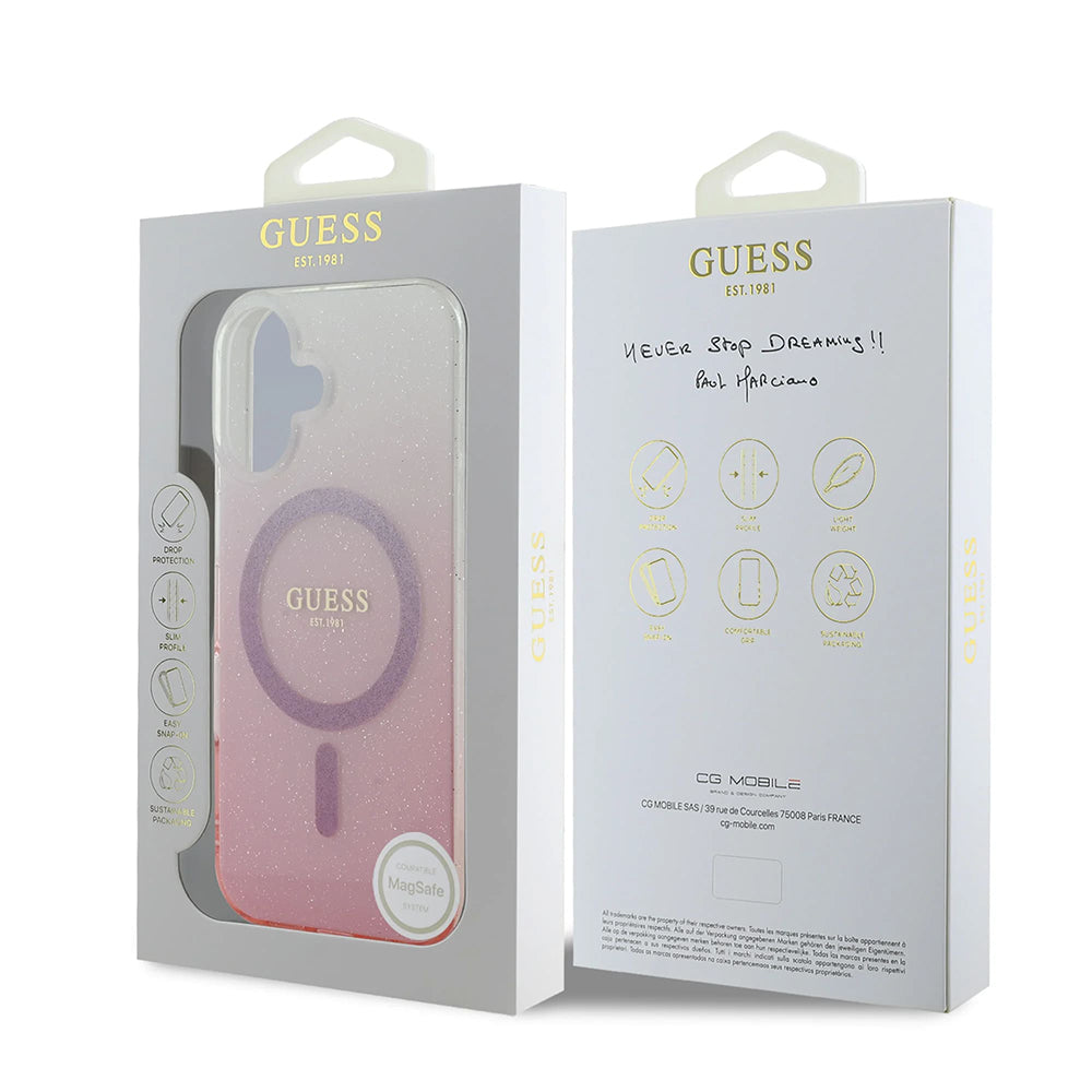 MagSafe Case for Apple iPhone 16 Plus, Guess, IML Glitter Gradient, Pink