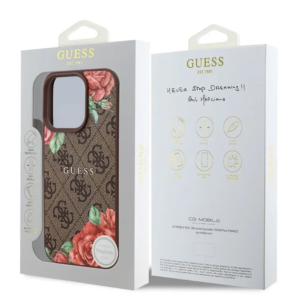 MagSafe Case for Apple iPhone 16 Pro Max, Guess, 4G Flowers Print, Brown