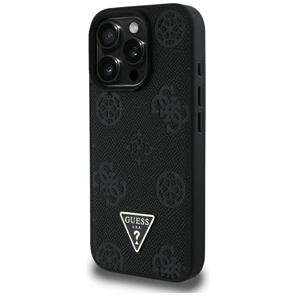 MagSafe Case for Apple iPhone 16 Pro Max, Guess, Peony Grained Hot Stamp Triangle, Black