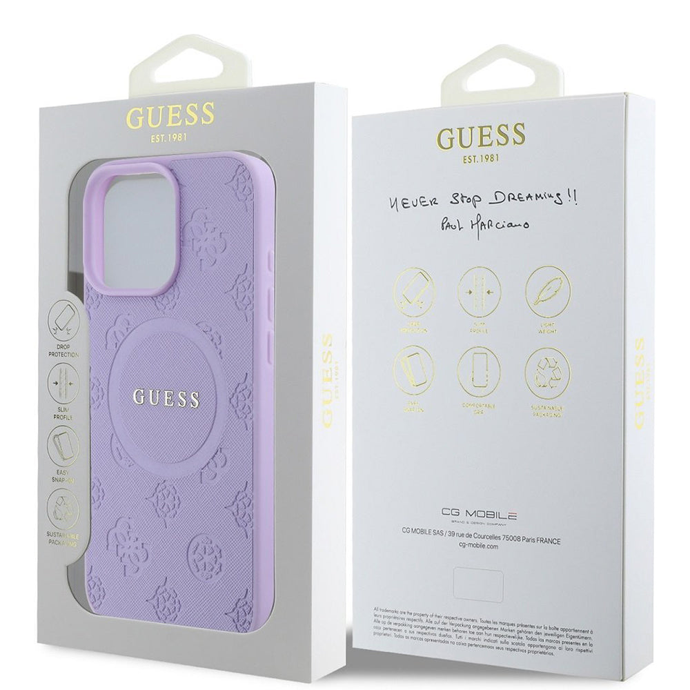 MagSafe Case for Apple iPhone 16 Pro Max, Guess, Saffiano Peony Classic Logo, Purple