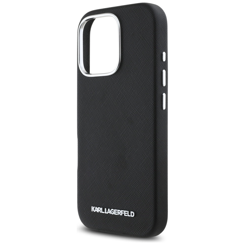 MagSafe Case for Apple iPhone 16 Pro Max, Karl Lagerfeld, Saffiano Full Wrapped Elongated Metal Logo, Black