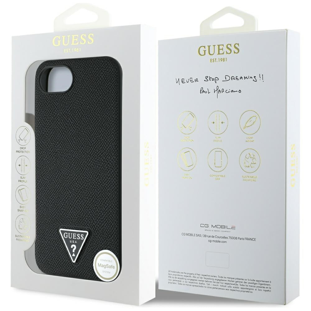 MagSafe Case for Apple iPhone 17e / 16e, Guess, Grained Triangle Logo, Black