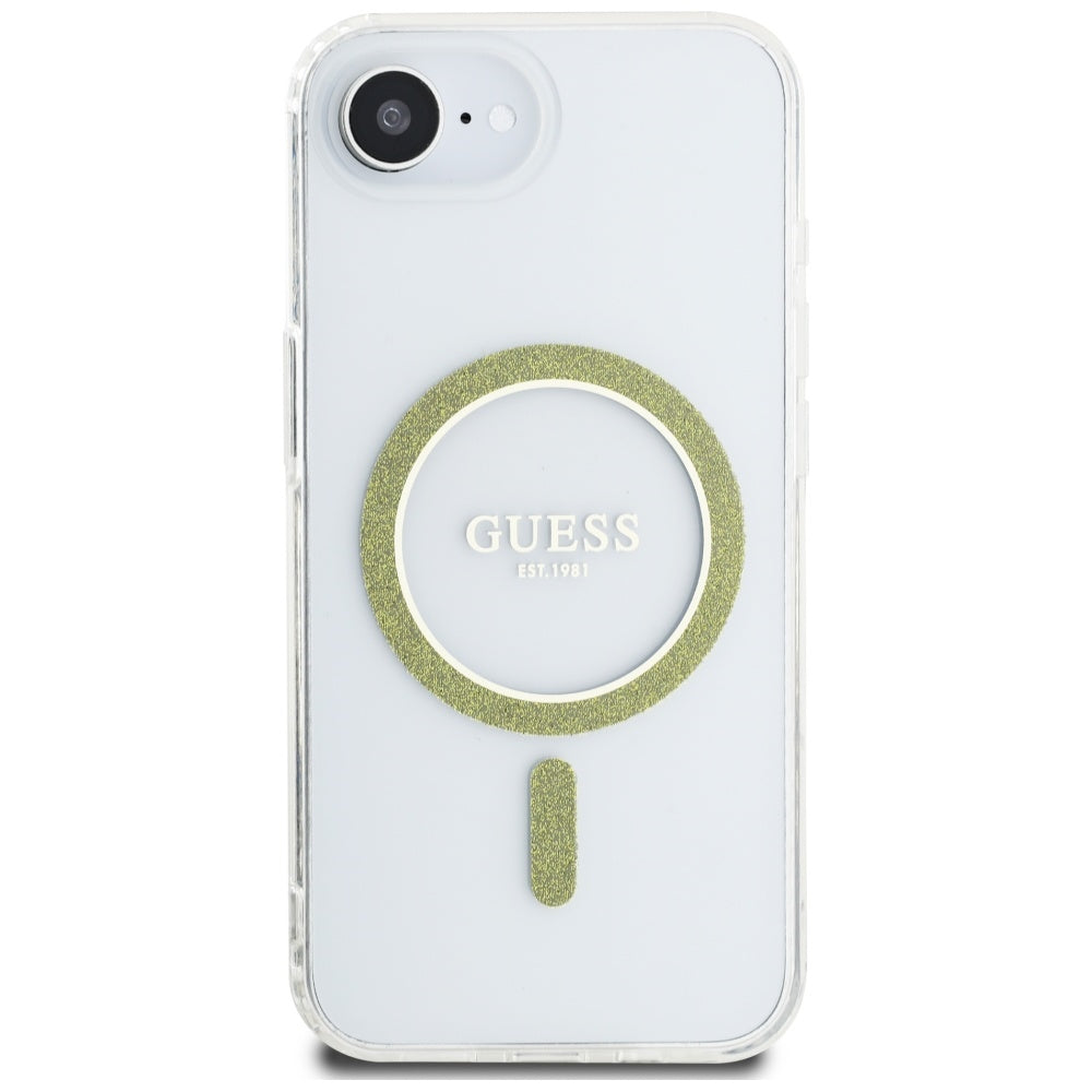 MagSafe Case for Apple iPhone 17e / 16e, Guess, IML Glitter Circle, Transparent