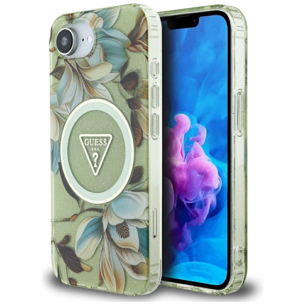 MagSafe Case for Apple iPhone 17e / 16e, Guess, IML Metal Glitter Flowers Triangle, Green