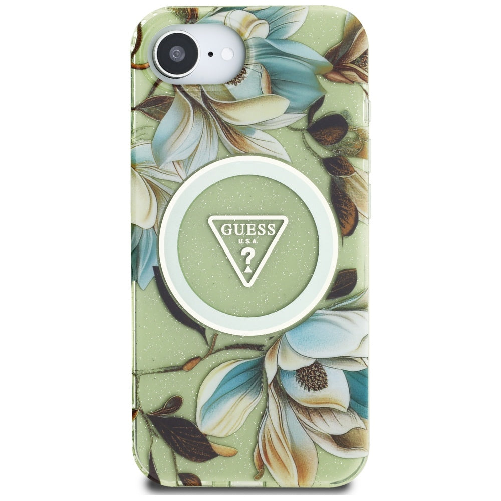 MagSafe Case for Apple iPhone 17e / 16e, Guess, IML Metal Glitter Flowers Triangle, Green