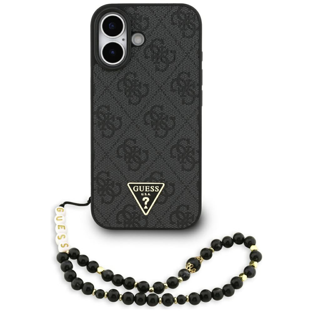 MagSafe Case for Apple iPhone 17, Guess, 4G Triangle Logo with Cord Strap, Black
