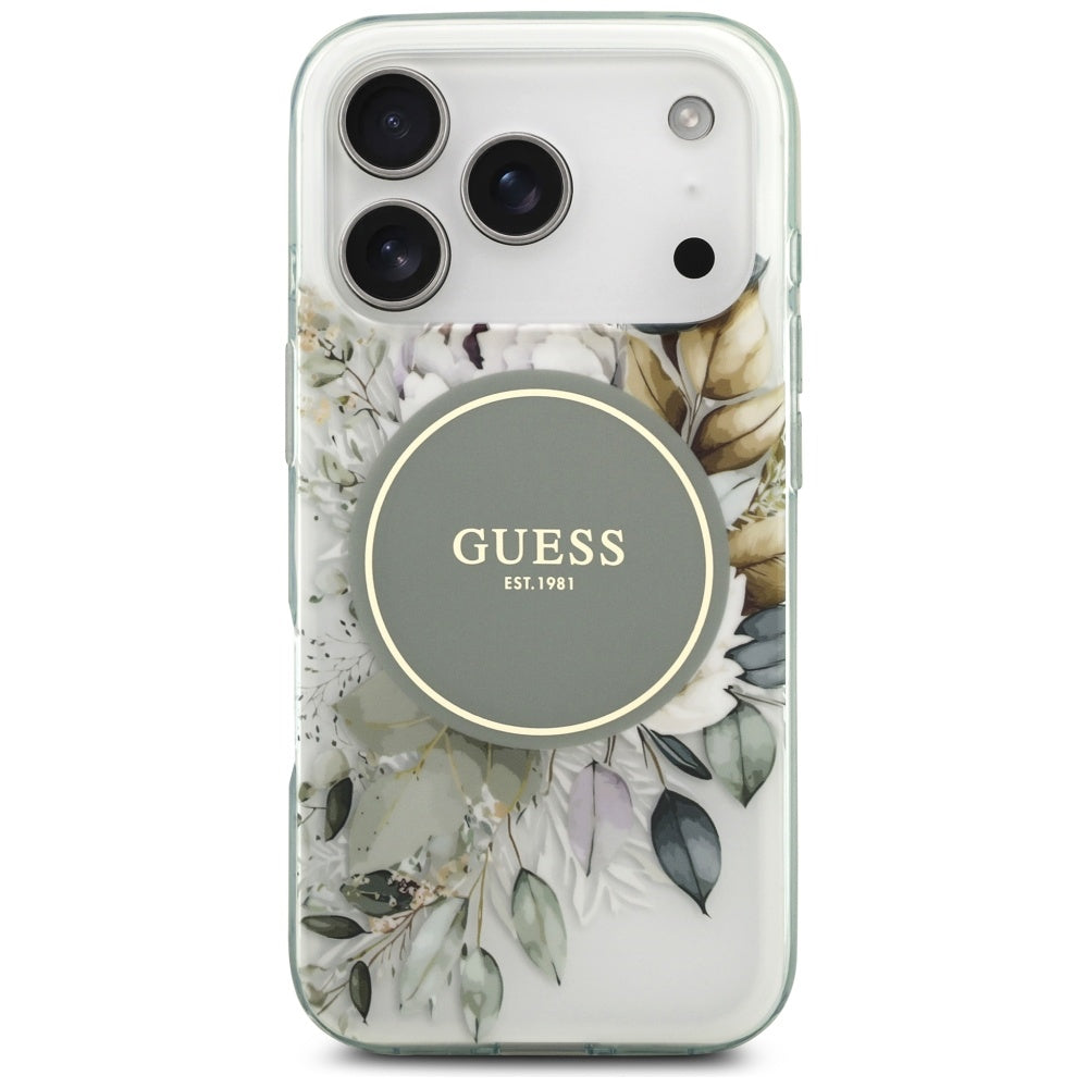 MagSafe Case for Apple iPhone 17 Pro, Guess, IML Flower and Tonal Circle, Green