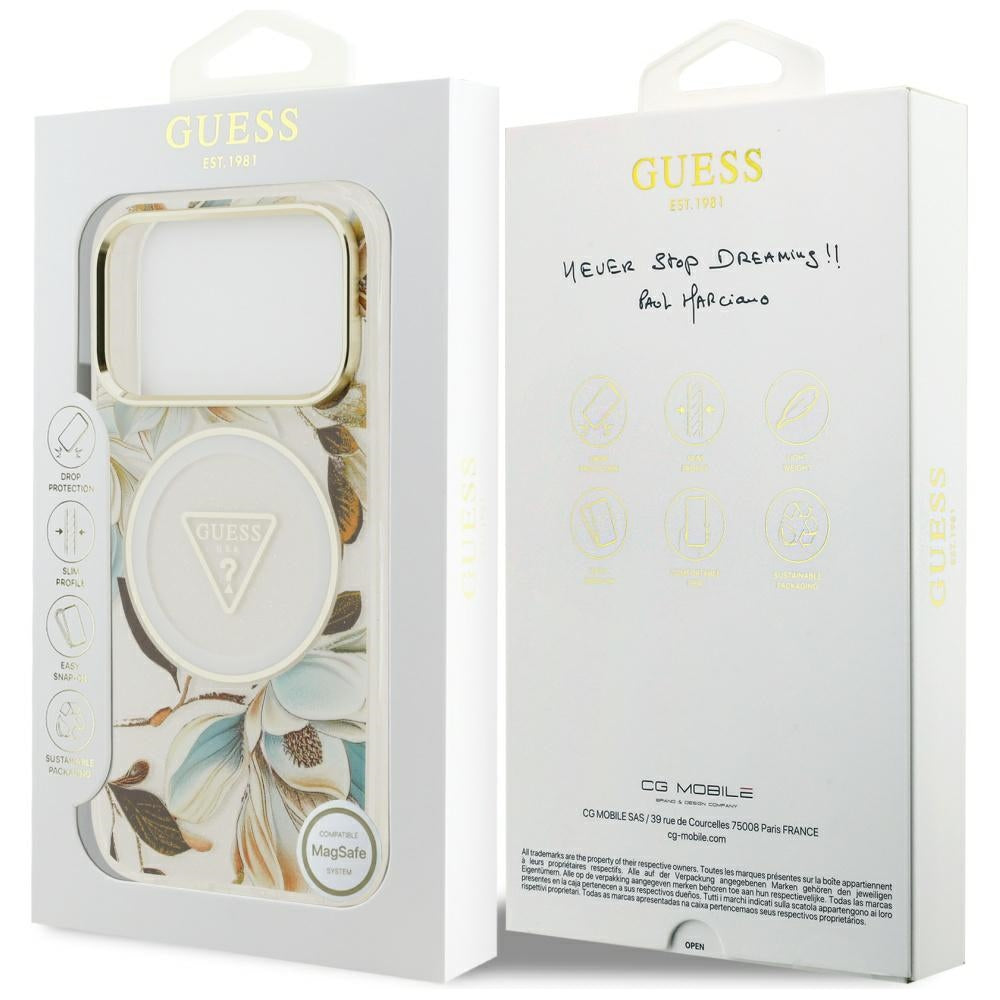 MagSafe Case for Apple iPhone 17 Pro, Guess, IML Metal Glitter Flowers Triangle, White