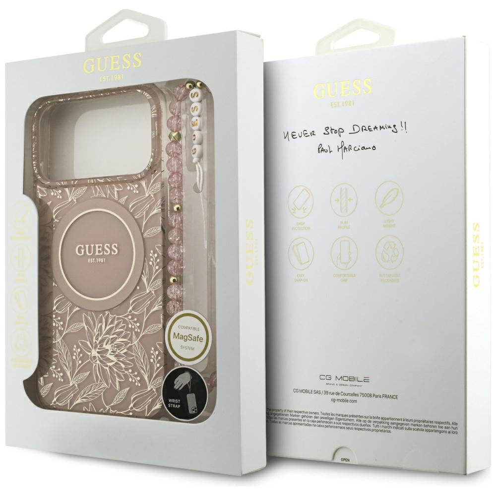 MagSafe Case for Apple iPhone 17 Pro Max, Guess, IML Flowers Allover Electroplated with Pearl Strap, Pink